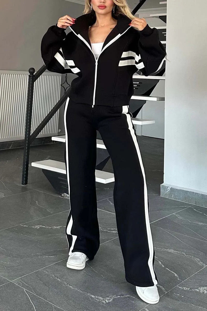 Striped Zipper Top Jacket Casual Sports Suit Women