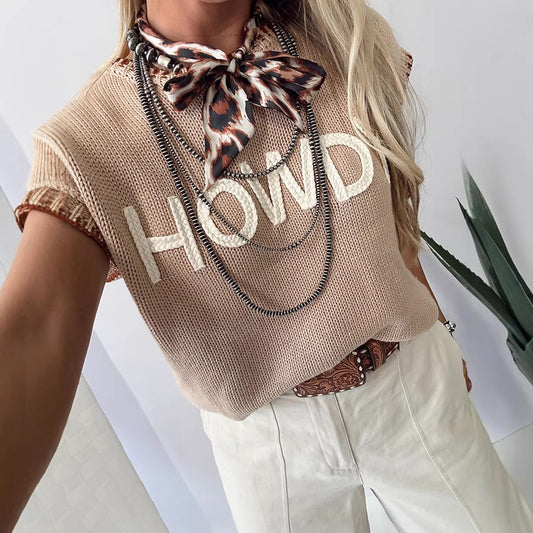 Parchment Contrast Trim Short Sleeve Knit HOWDY Western Sweater