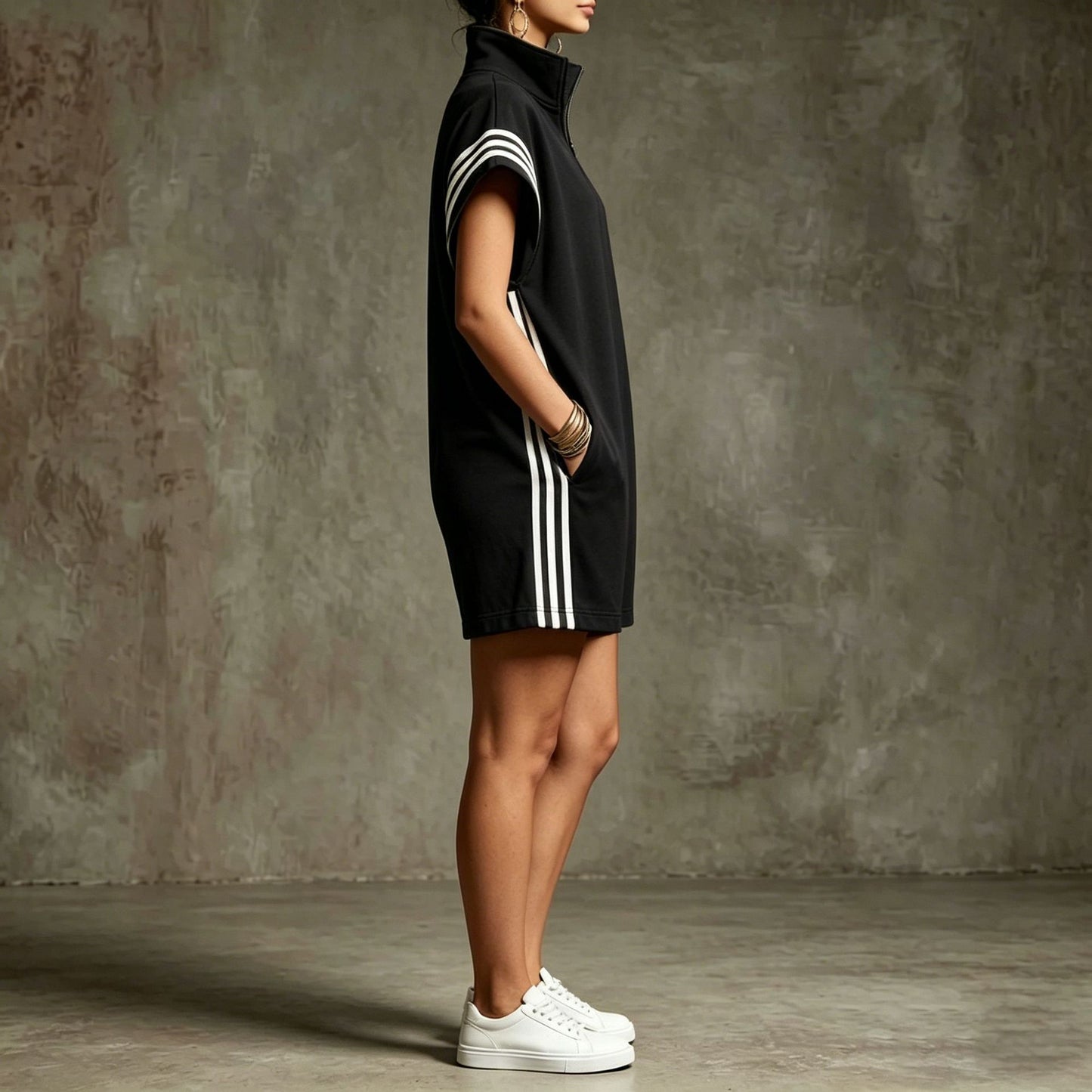 Loose Sleeveless Drawstring Pockets Split-Joint Striped Zipper Stand Collar Rompers