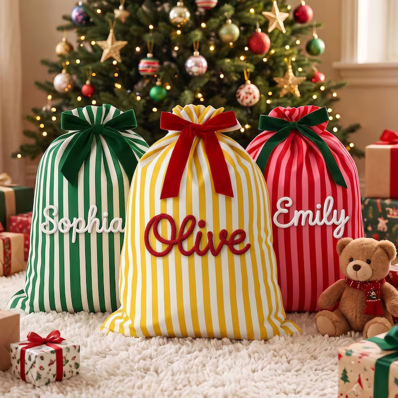 Custom Personalized Striped Christmas Drawstring Gift Sack
