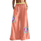 Block Flower Patchwork Drawstring Contrasted Elastic Waist Wide Leg Pants