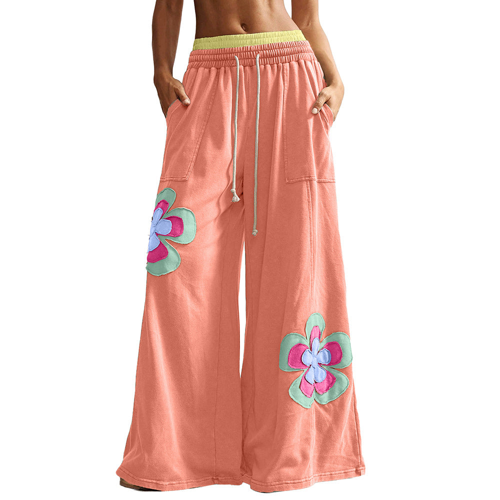 Block Flower Patchwork Drawstring Contrasted Elastic Waist Wide Leg Pants