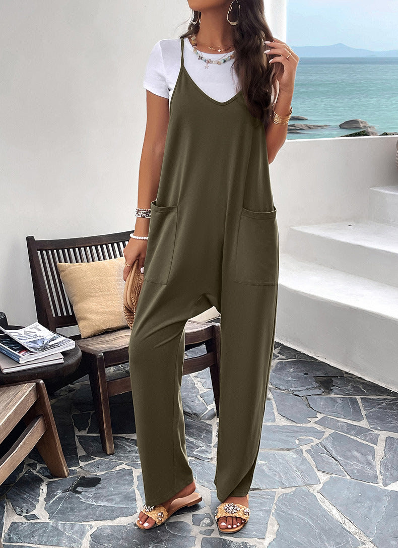 V Neck Loose Pockets Cami Jumpsuit