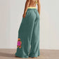 Block Flower Patchwork Drawstring Contrasted Elastic Waist Wide Leg Pants