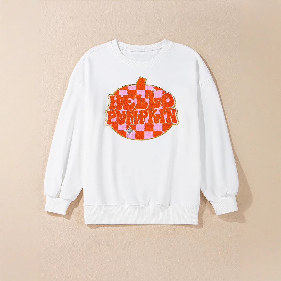 White Terry Halloween Pumpkin Patched Pattern Pullover Sweatshirt