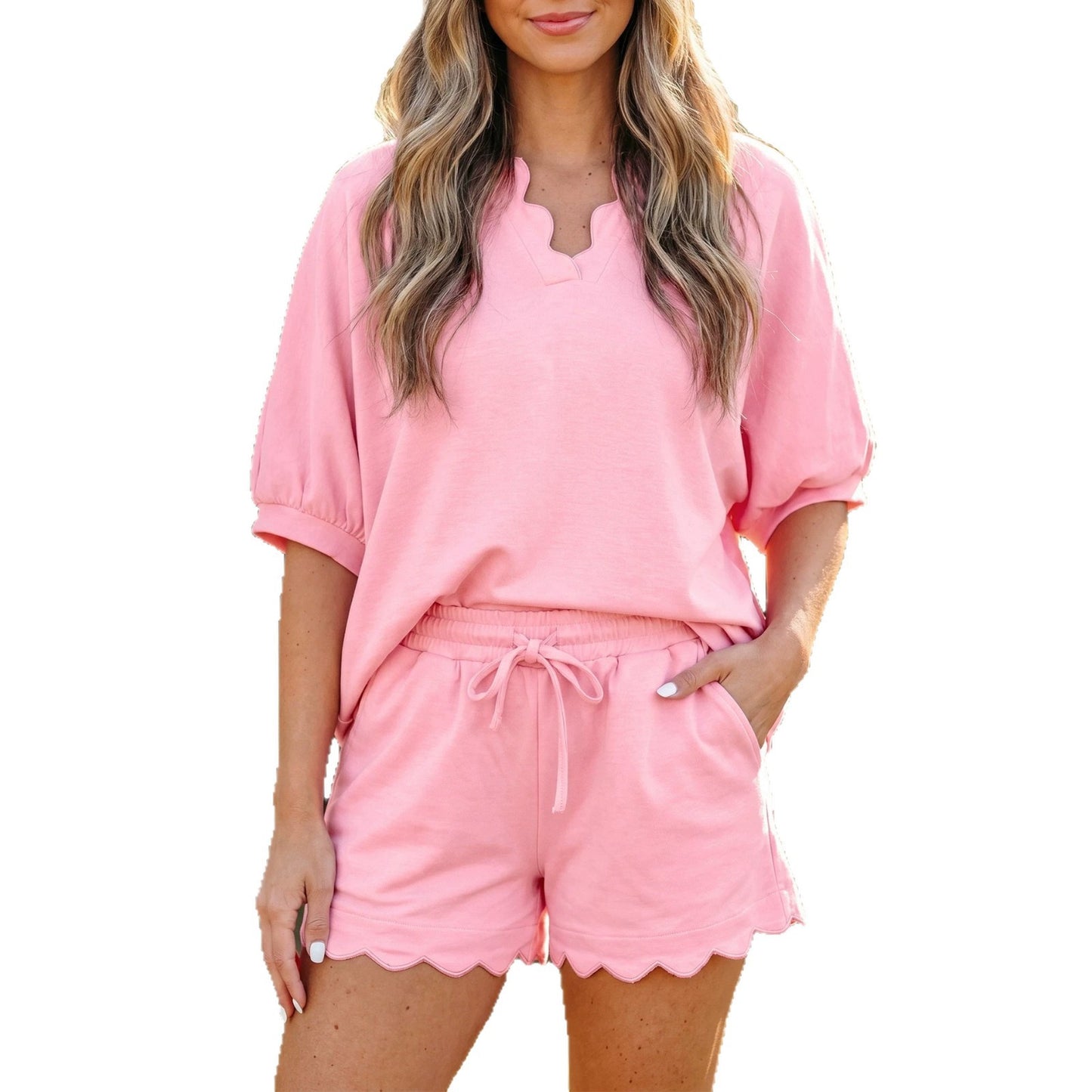 Gossamer Pink Scalloped V Neck Dolman Oversize Top Drawstring Short Set