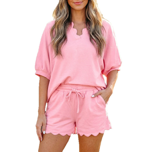 Gossamer Pink Scalloped V Neck Dolman Oversize Top Drawstring Short Set