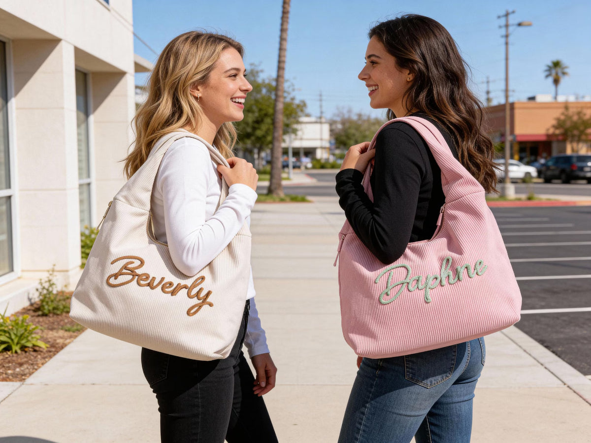 Personalized Corduroy Hobo Shoulder Bag Custom Name Embroidery Tote