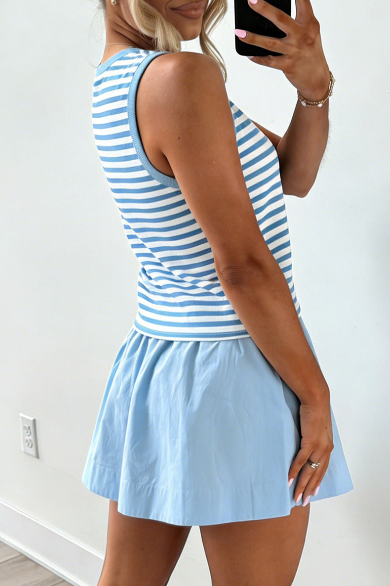 Sky Blue Stripe Slim Tank Contrast Ruffle Mini Skort Set