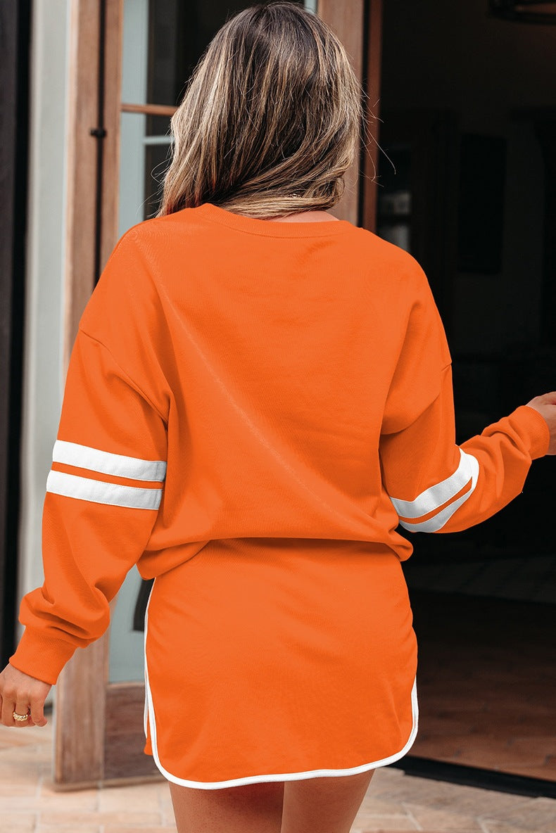Varsity Stripe Detail Drop Shoulder Pullover Mini Skort Set