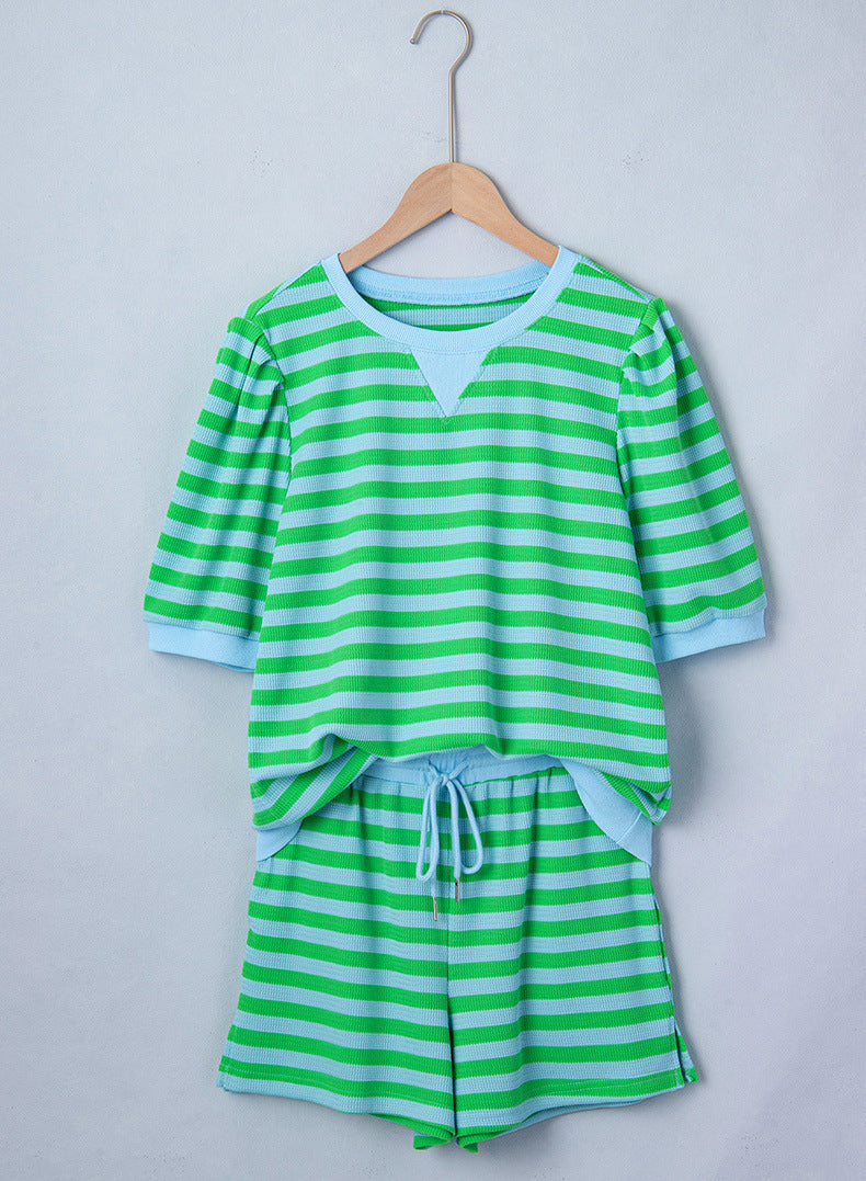 Stripe Puff Short Sleeve T Shirt Matching Shorts Set