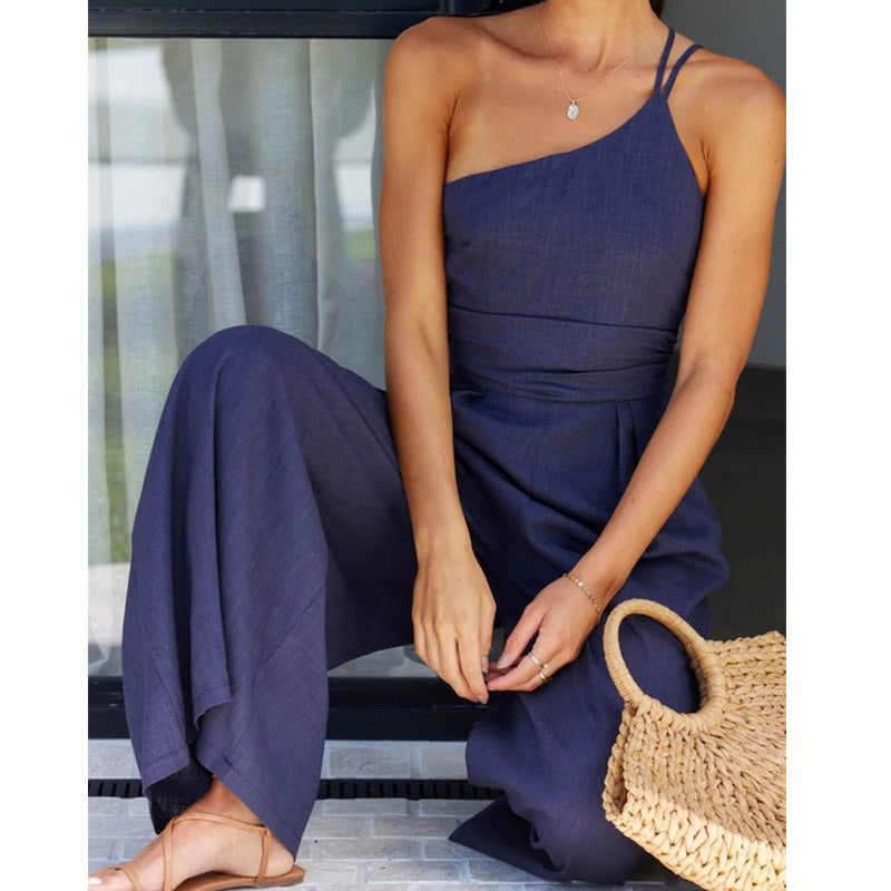 Asymmetric Thin Straps One-shoulder Wide Leg Jumpsuit