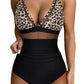 Leopard Mesh Insert V Neck High Waist Monokini