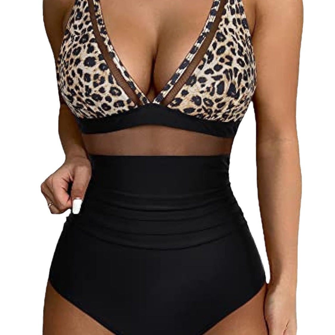 Leopard Mesh Insert V Neck High Waist Monokini