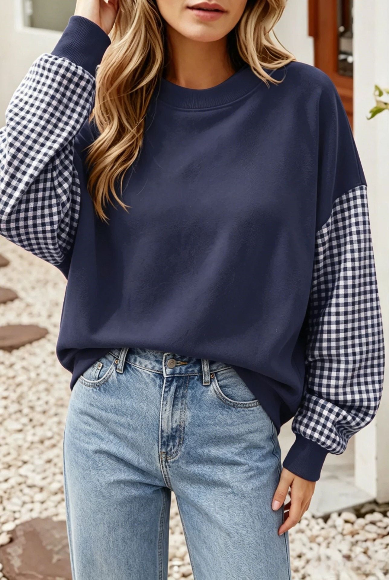 Oversized Gingham Colorblock Long Sleeve Sweatshirt