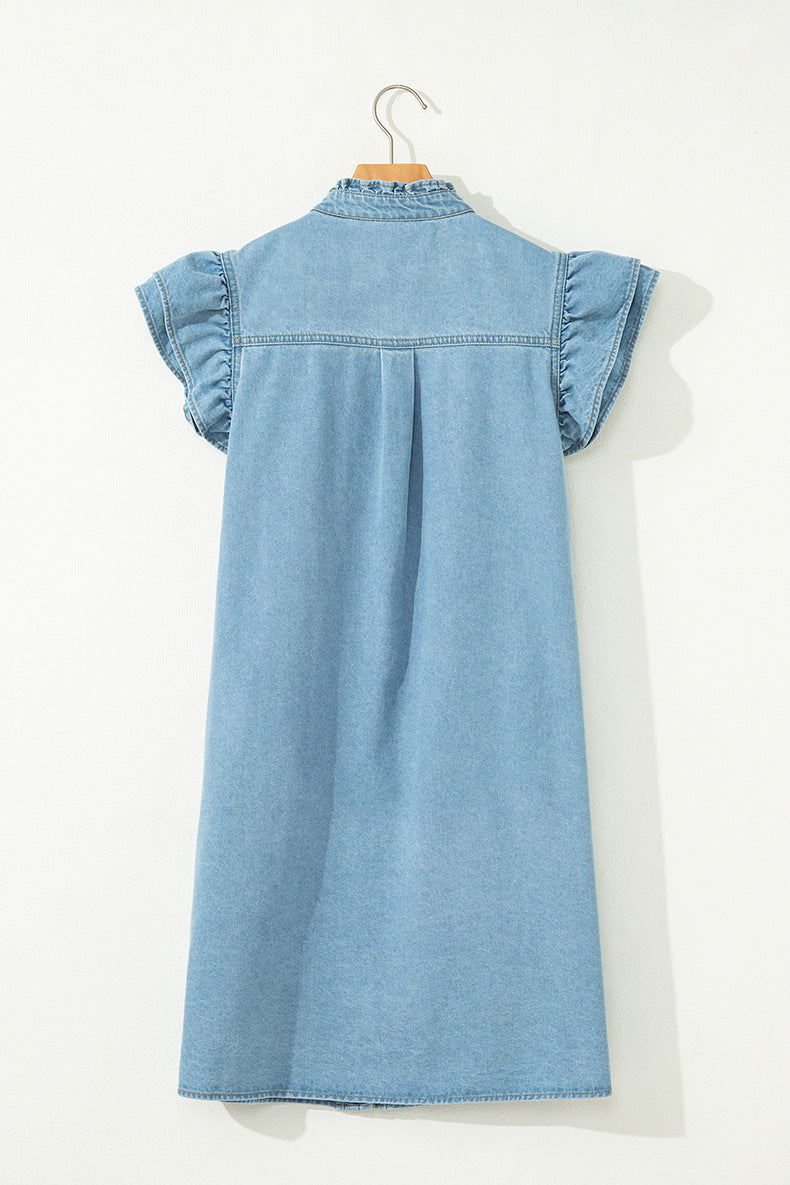 Sandalwood Frilled Detail Button Down Ruffle Short Sleeve Denim Mini Dress