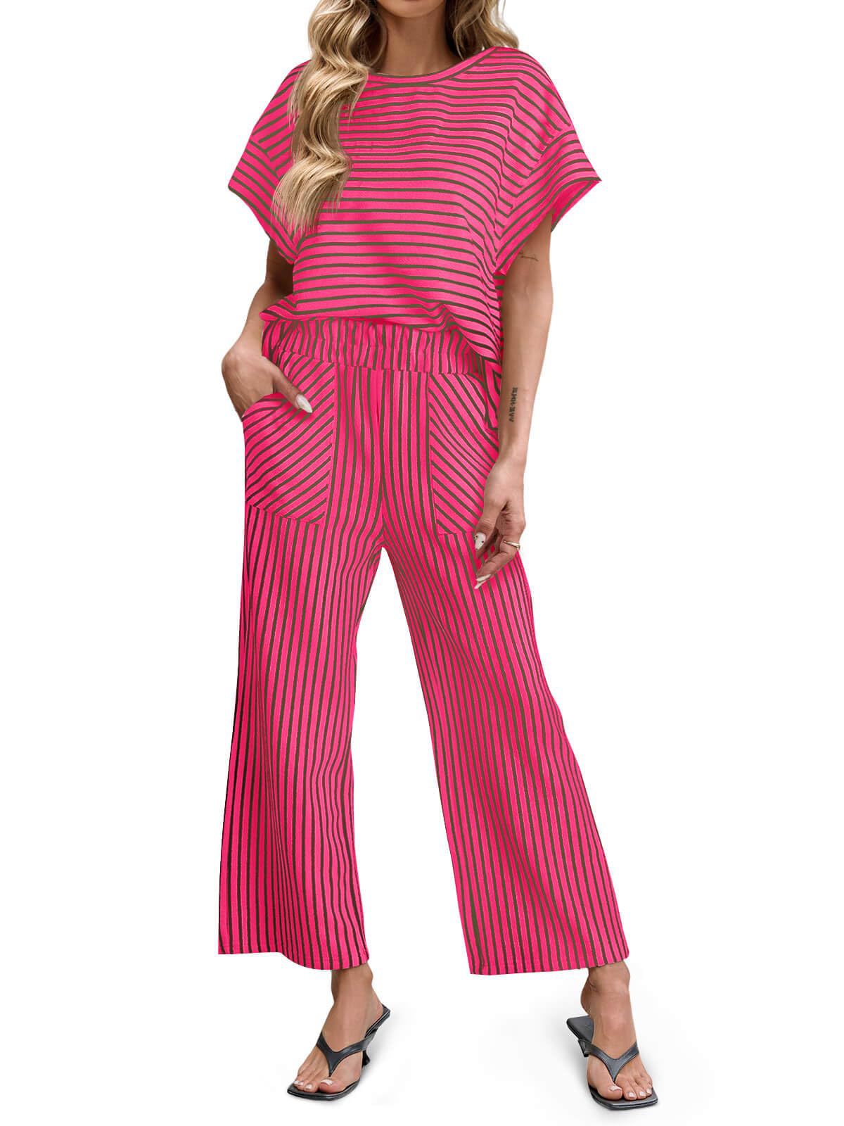 Stripe Round Neck Tee and Pant Set