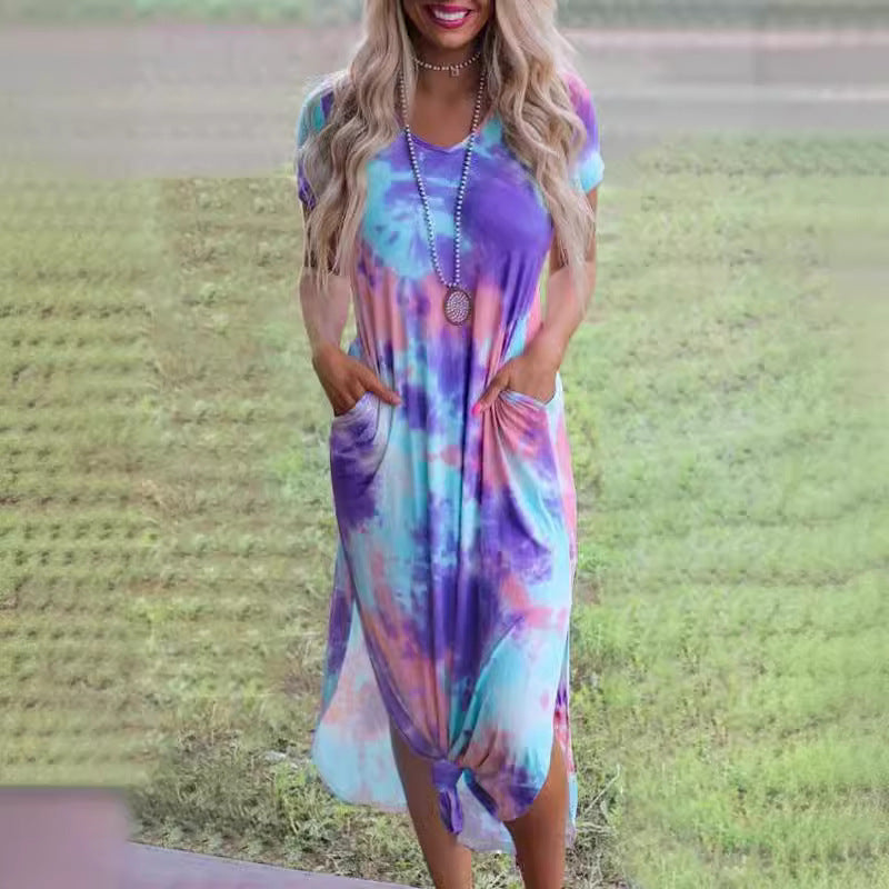 V-neck Short Sleeve Pocket Dress