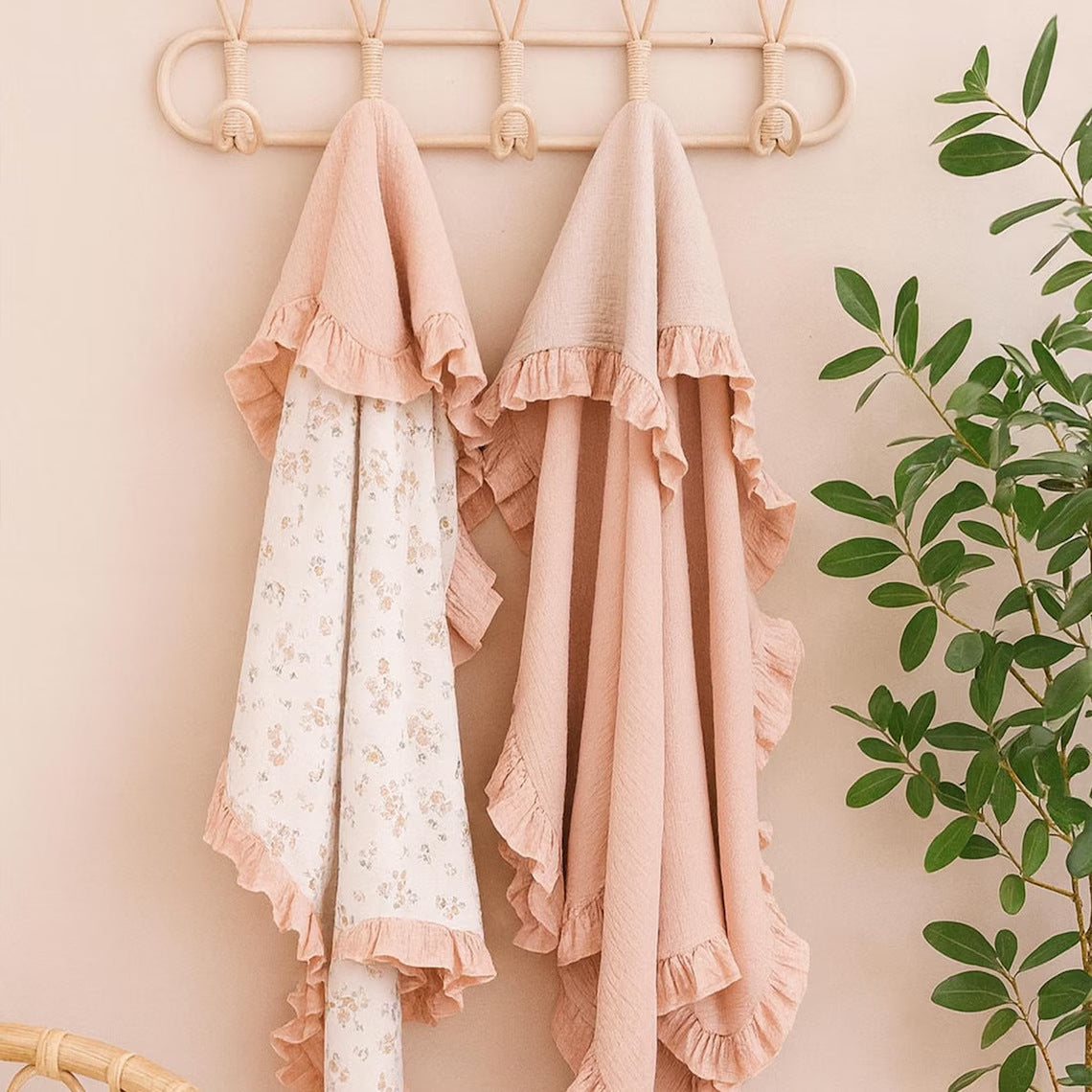 Custom Embroidered Floral Muslin Baby Blanket with Ruffled Trim