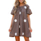 Brown Polka Dot Print Knot Back Short Puff Sleeve Loose Mini Dress