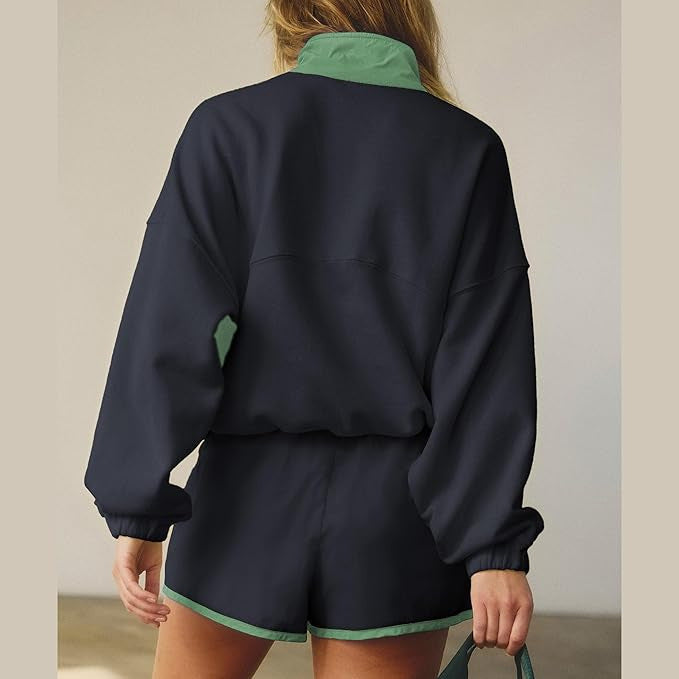 Contrast Color Stitching Long-sleeved Top and Shorts Set(moq2）