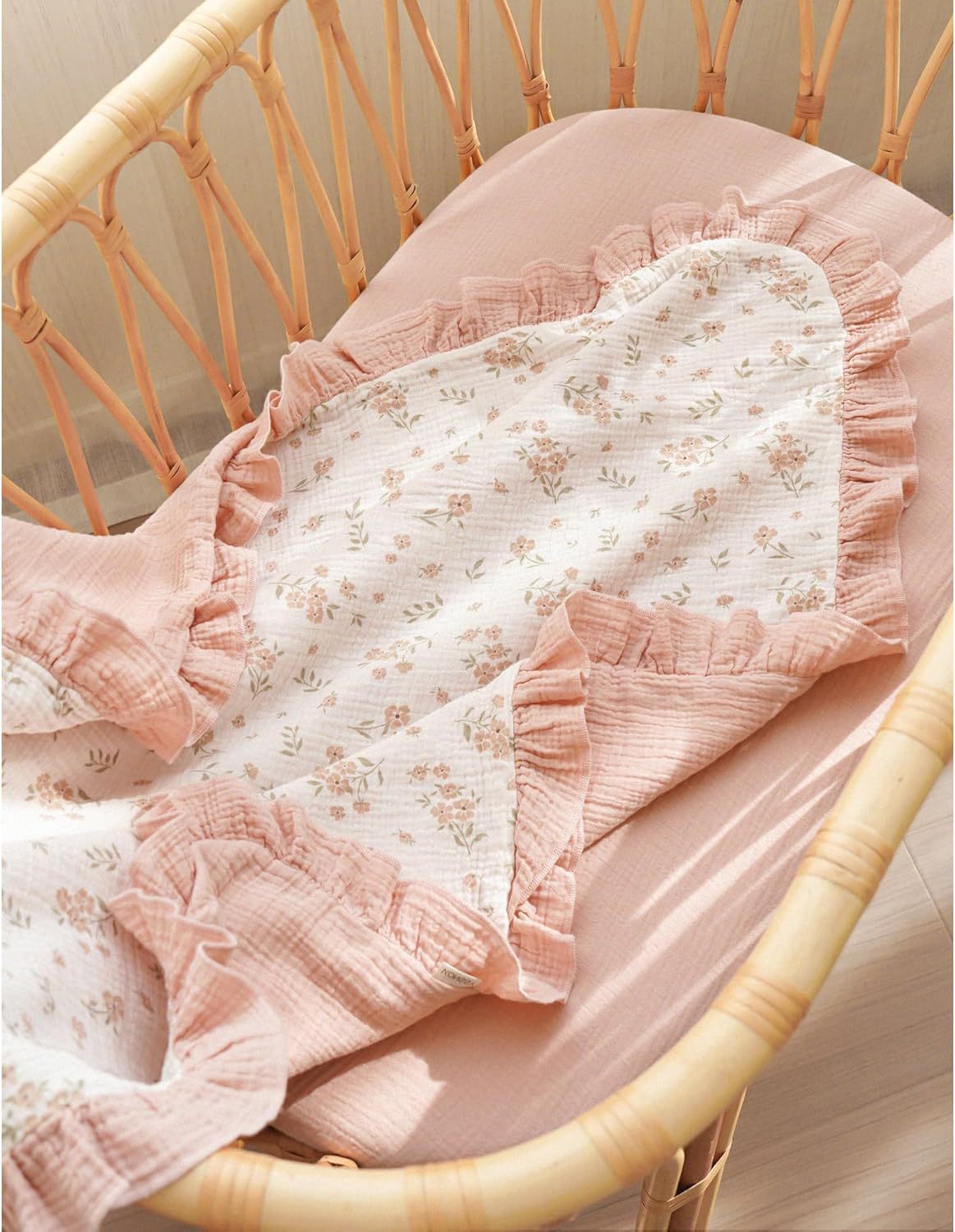 Custom Embroidered Floral Muslin Baby Blanket with Ruffled Trim