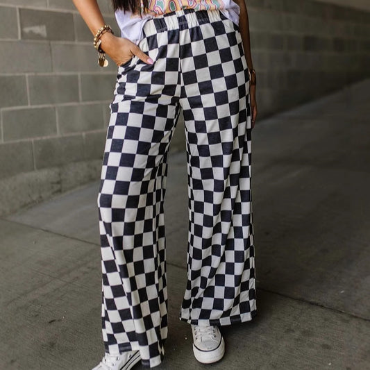 Checkerboard Print Casual Pants