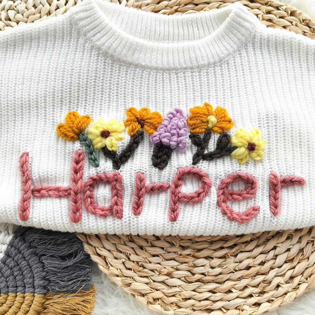 Hand Embroidered Personalized Name Chunky Knit Sweater