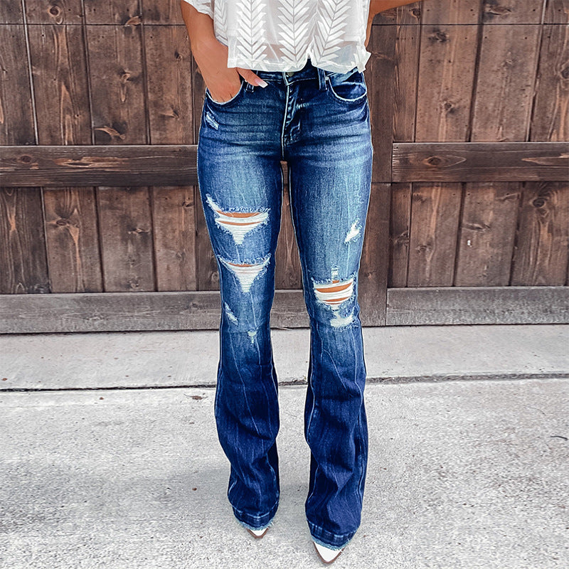 Ripped Denim Flared Pants