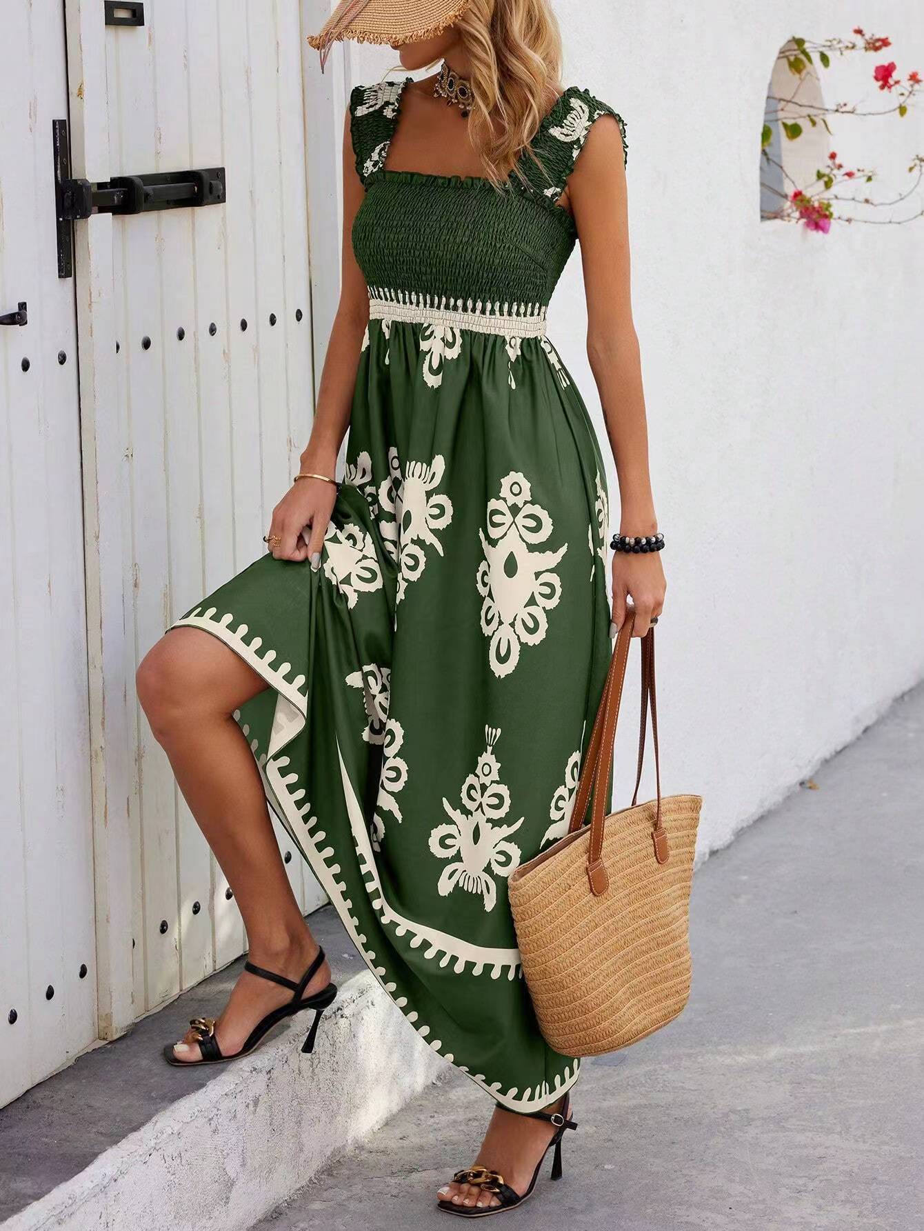 Print Shirred Wide Strap Dress