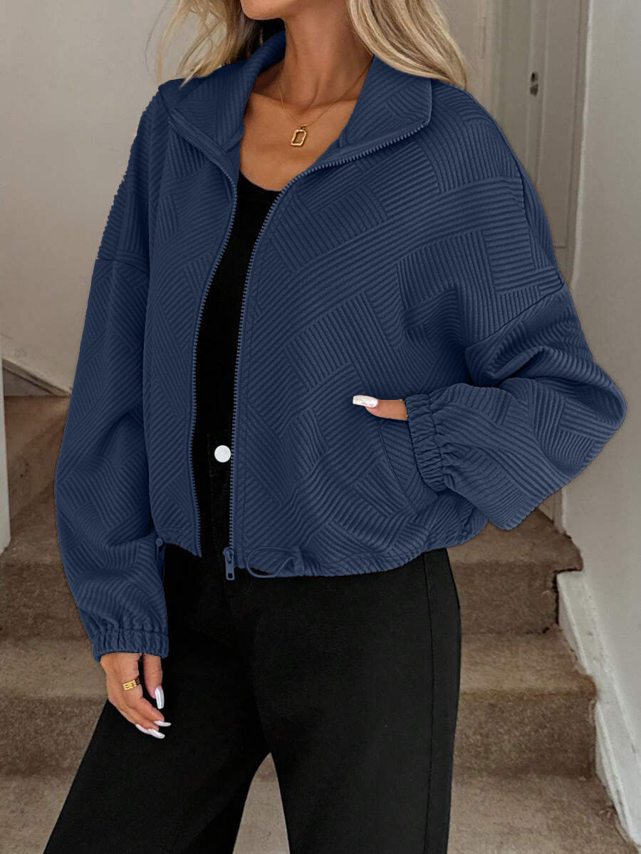 Chic Geometric Textured Zip Up Jacket