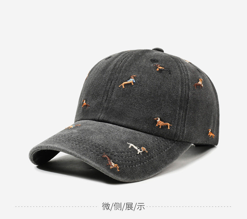 Vintage Distressed Baseball Cap with Puppy Embroidery