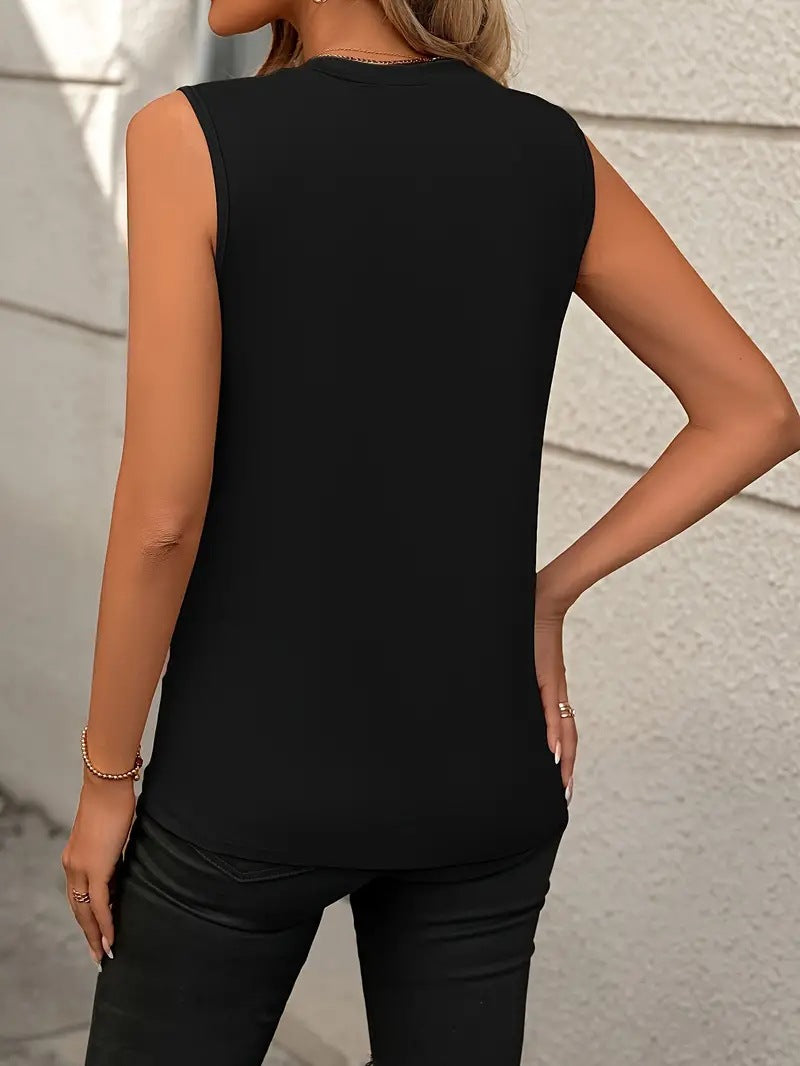 Solid Color Crew Neck Pleated Tank Top