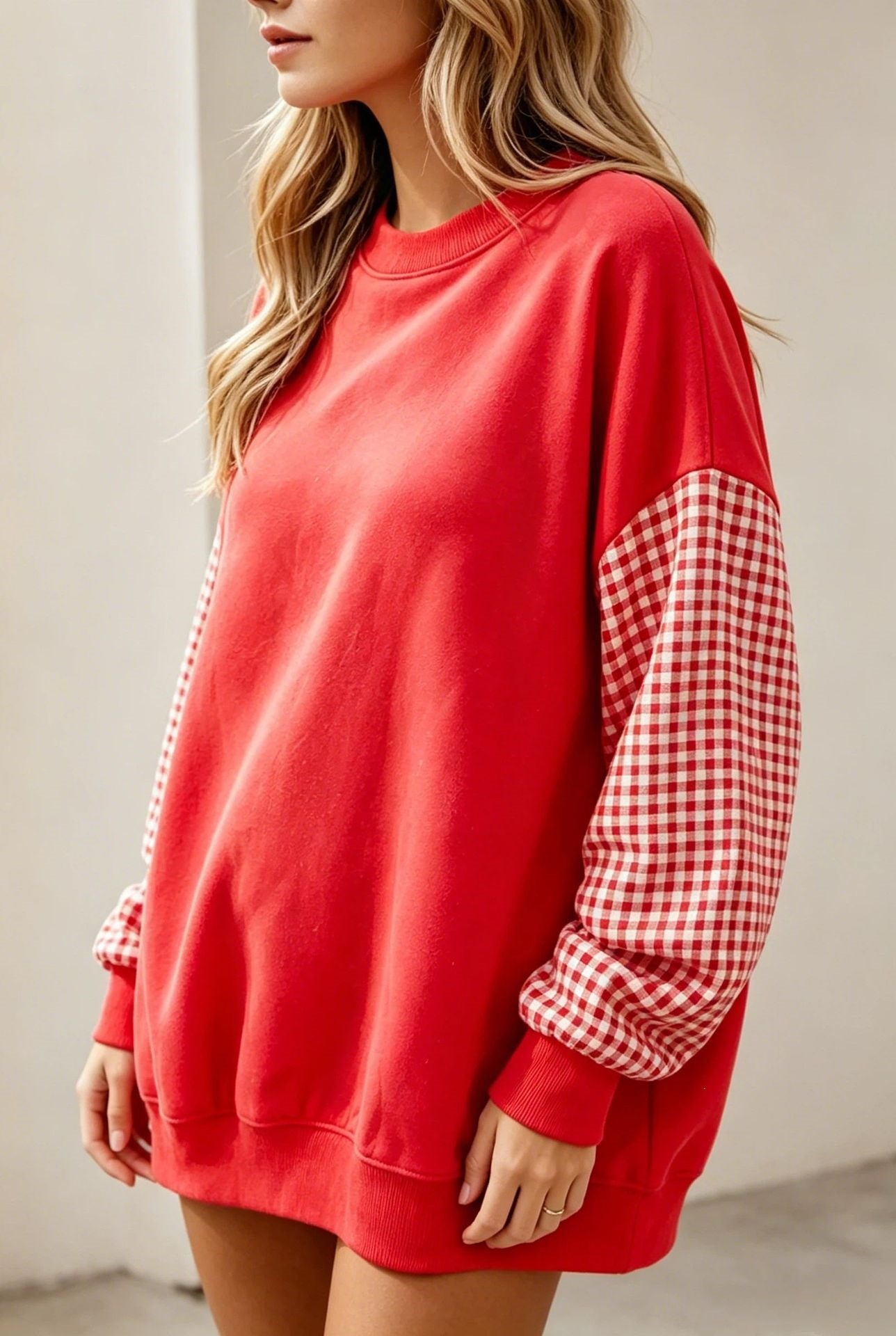 Oversized Gingham Colorblock Long Sleeve Sweatshirt