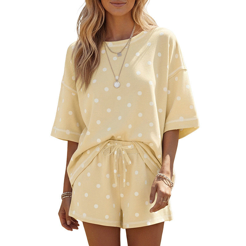 Polka Dot Short Sleeve Loose Top Drawstring Shorts Set