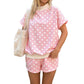 Polka Dot Print Color Block Trim Mock Neck Short Set
