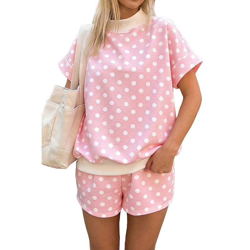 Polka Dot Print Color Block Trim Mock Neck Short Set