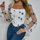 Floral Embroidery Off Shoulder Lantern Sleeve Curved Hem Top