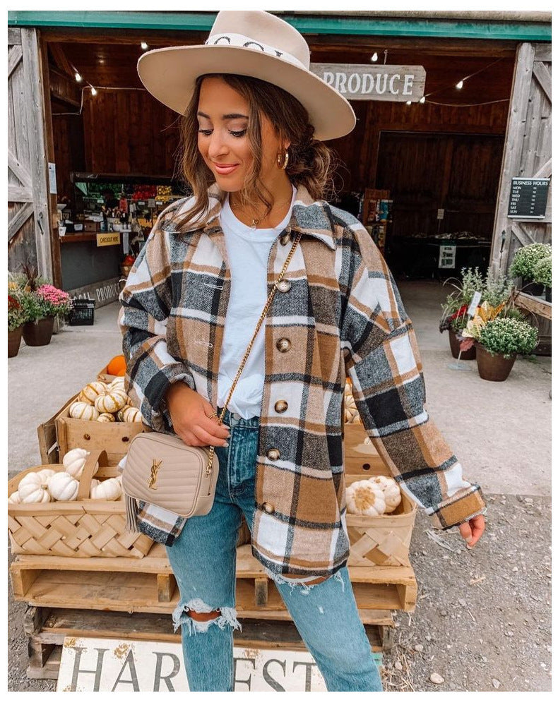 Long-sleeved Lapel Loose-fitting Women's Plaid Shirt