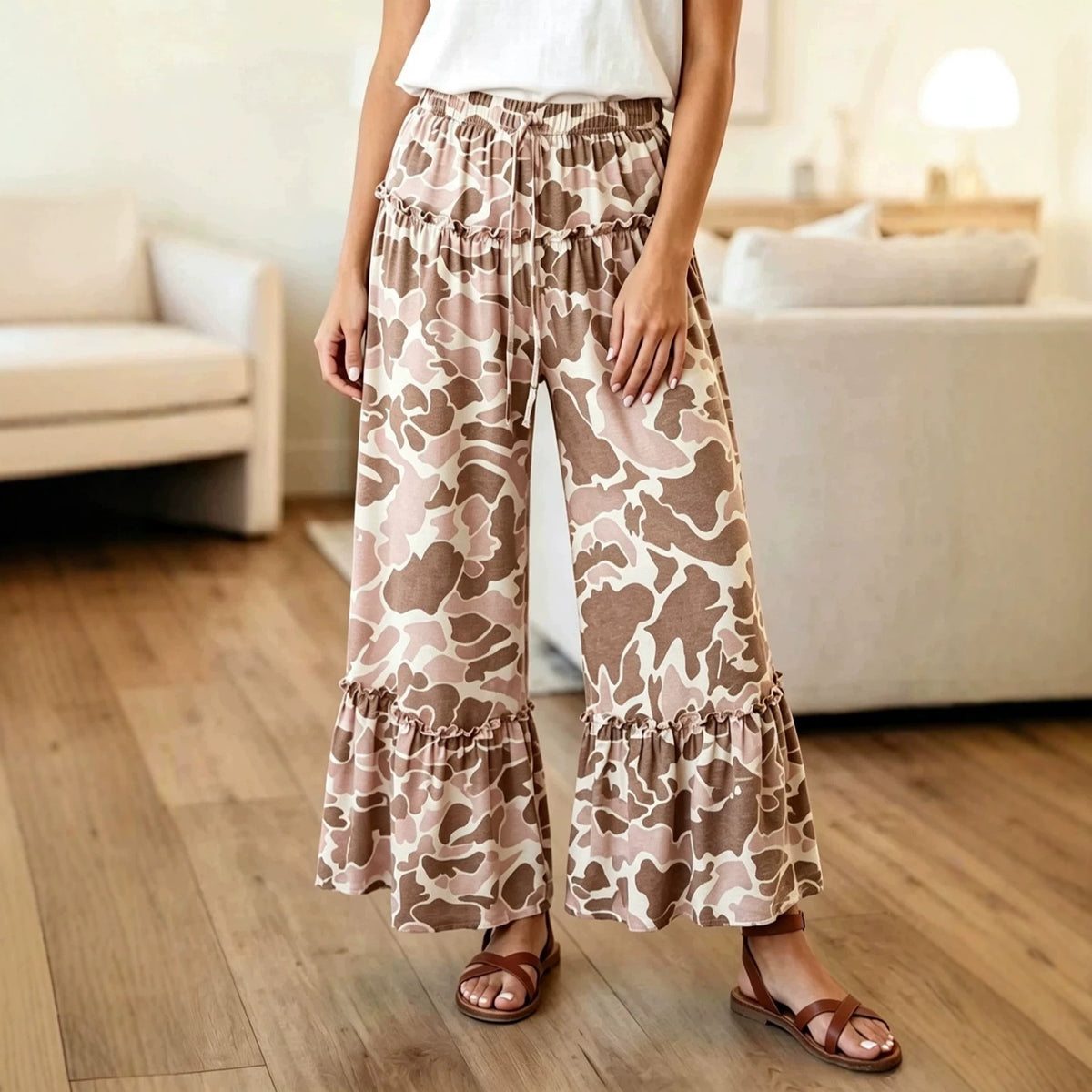 Camo Print Wide Leg Casual Pants