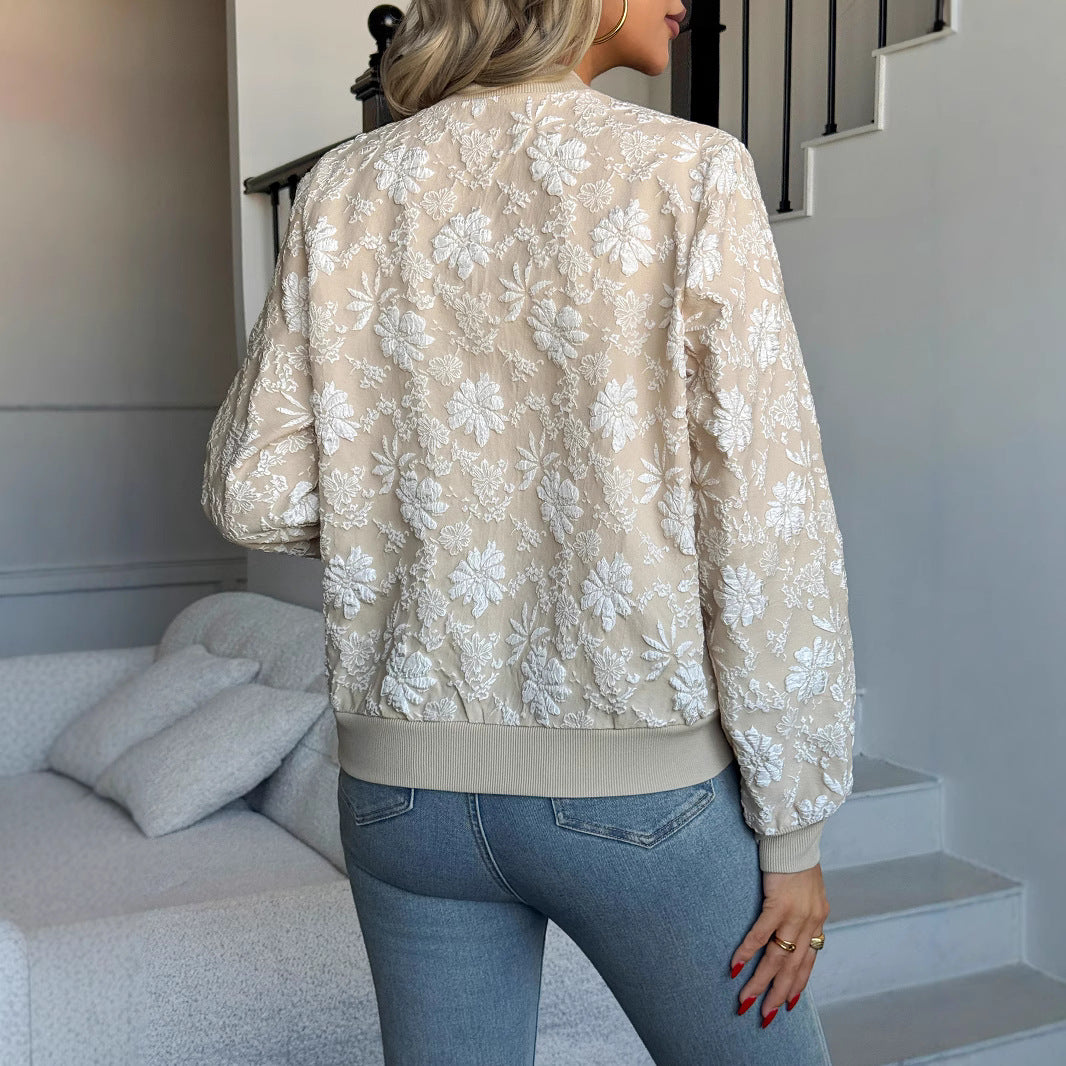 Women's Beige Floral Embroidered / Lace Bomber Jacket
