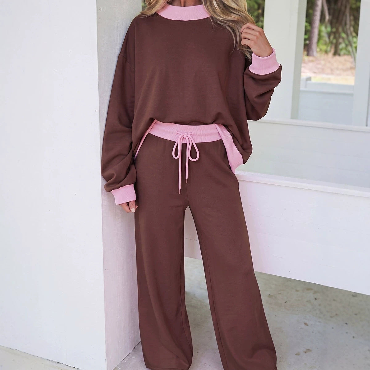 Block Trim Long Sleeve Pullover Drawstring Shift Pants Set