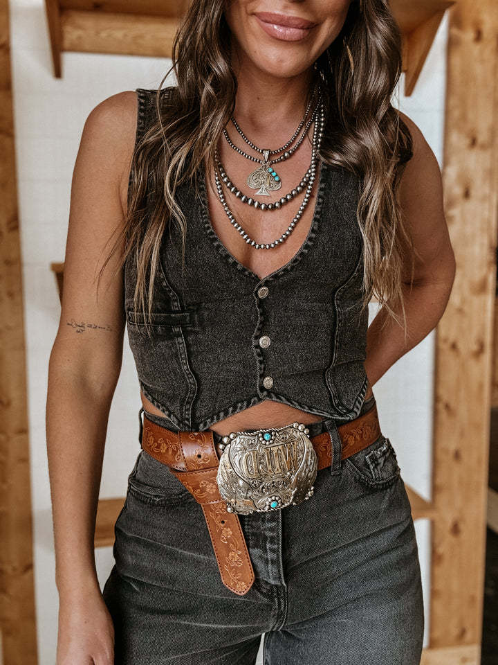 Western Button V Neck Denim Vest Top