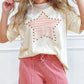 Beige Star Print Stud Detail Cotton Jersey Top
