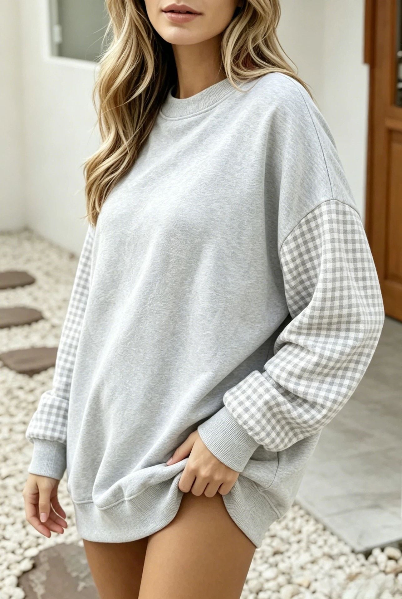 Oversized Gingham Colorblock Long Sleeve Sweatshirt