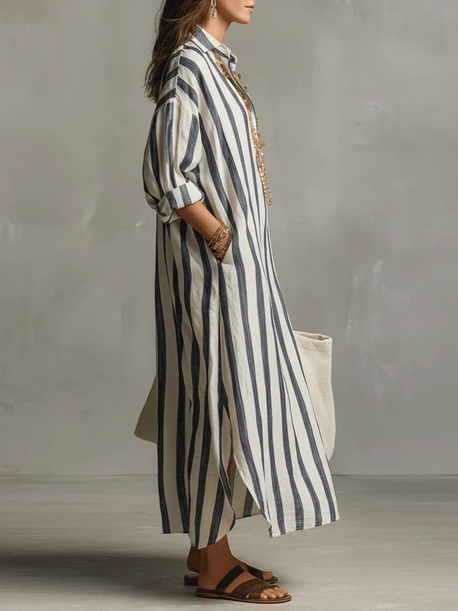 Stylish Long Striped Cardigan-Style Dress for Women