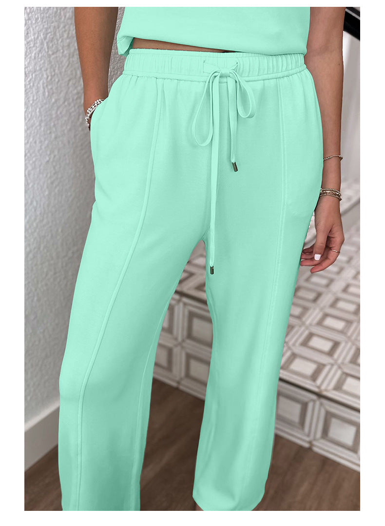 Moonlight Jade Drawstring Elastic Waistband Solid Color Two Piece Casual Set