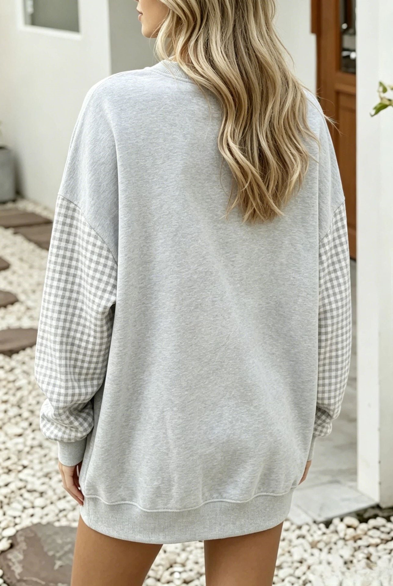 Oversized Gingham Colorblock Long Sleeve Sweatshirt