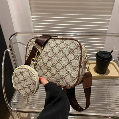 Coffee Checkered Print PU Leather Shoulder Bag with Coin Wallet