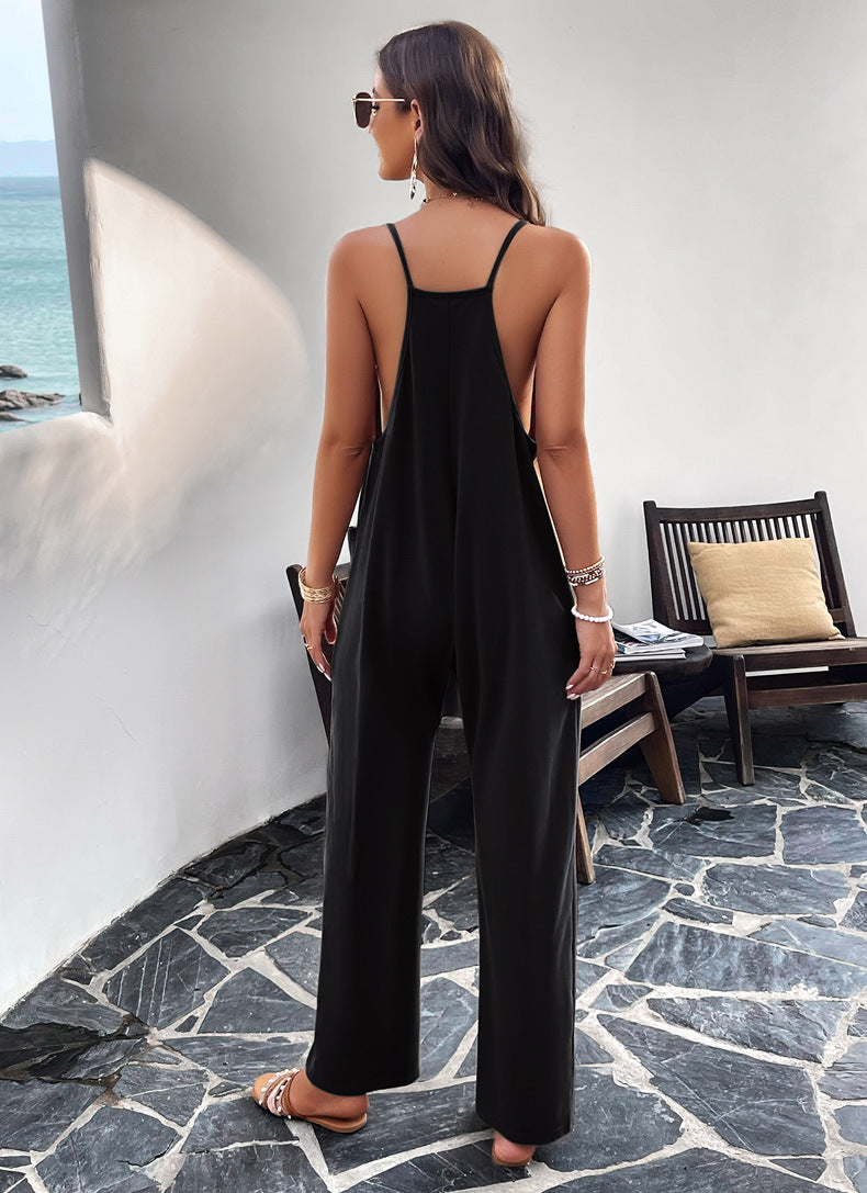 V Neck Loose Pockets Cami Jumpsuit